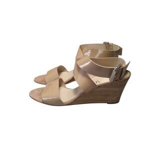 AGL Women's Eu 42/US 10 Tan Patent Leather Criss Cross Ankle Strap Wedge Sandals